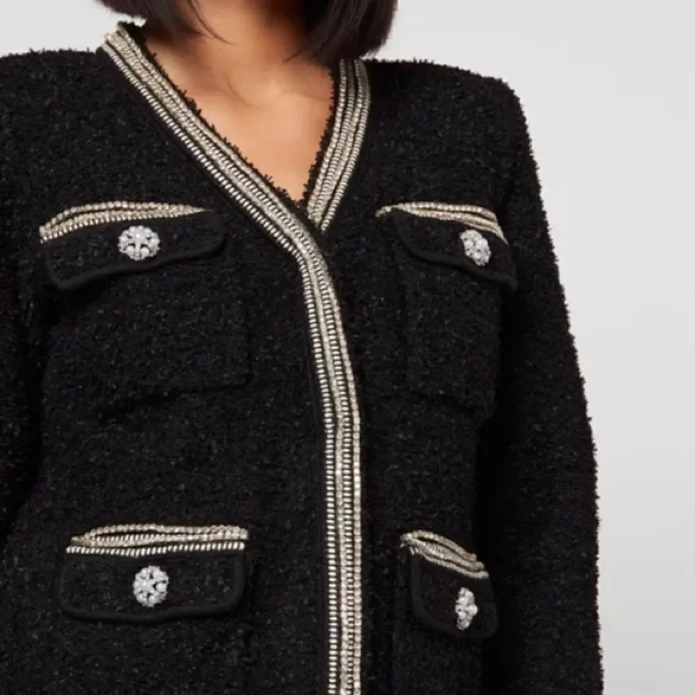 SELF-PORTRAIT Black Tape Knit Crystal-Embellished Bouclé Cardigan